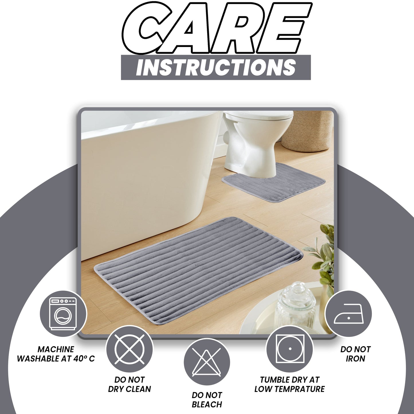 OLIVIA ROCCO Bath Mat CHARCOAL 2 Piece Ribbed Charcoal Bath Mat Set Wholesale Manchester UK