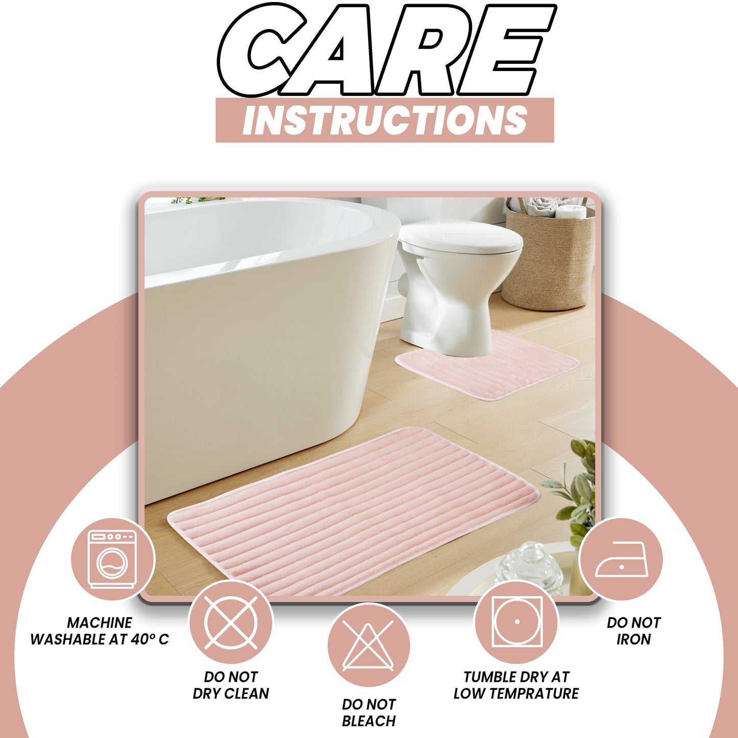 OLIVIA ROCCO Bath Mat PINK 2 Piece Ribbed Pink Bath Mat Set Wholesale Manchester UK