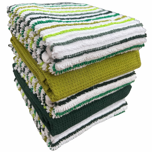 OLIVIA ROCCO Tea Towel GREEN 5 Pack Striped Super Absorbent Cotton Kitchen Tea Towels Wholesale Manchester UK