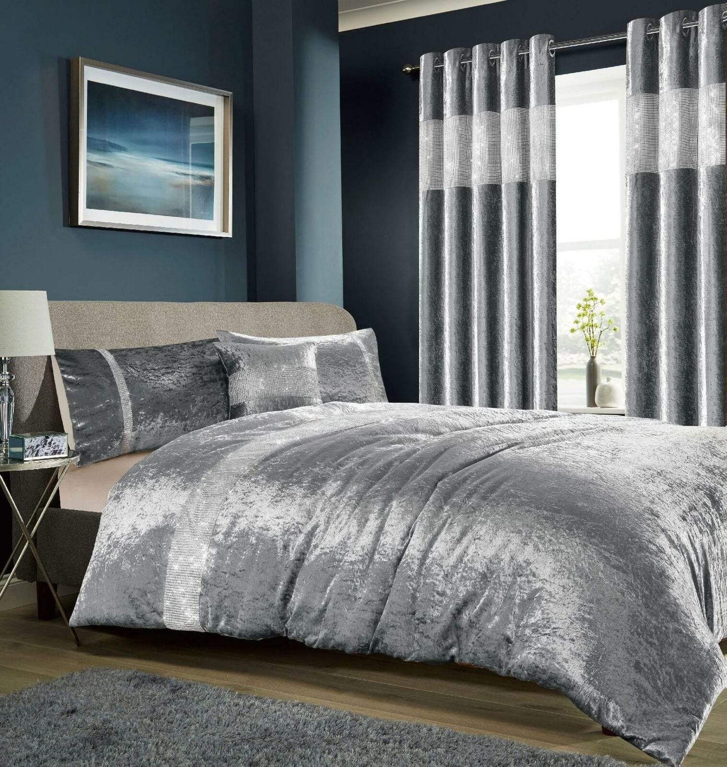 OLIVIA ROCCO Duvet Cover DOUBLE / SILVER Diamante Crushed Velvet Duvet Set Wholesale Manchester UK