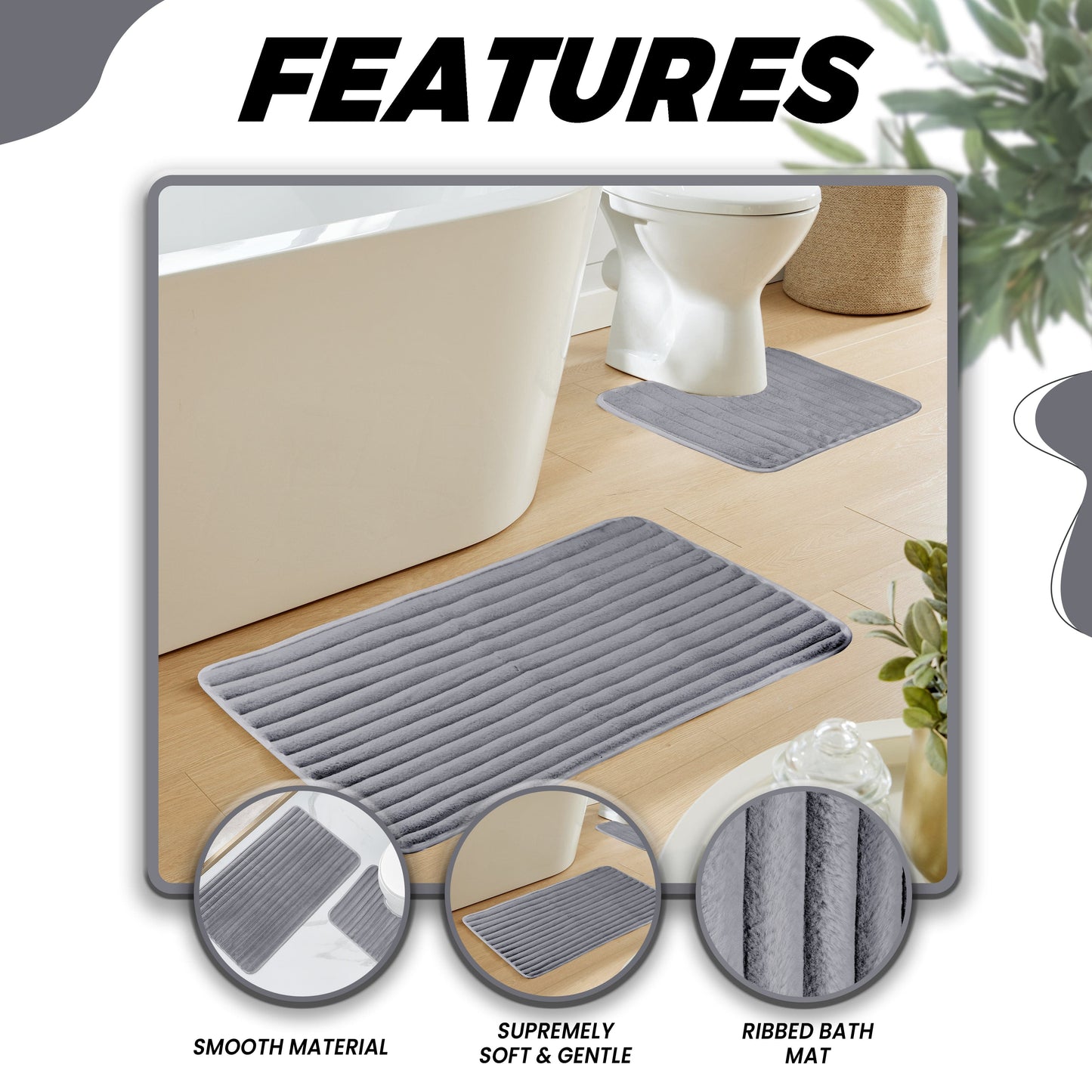 OLIVIA ROCCO Bath Mat CHARCOAL 2 Piece Ribbed Charcoal Bath Mat Set Wholesale Manchester UK