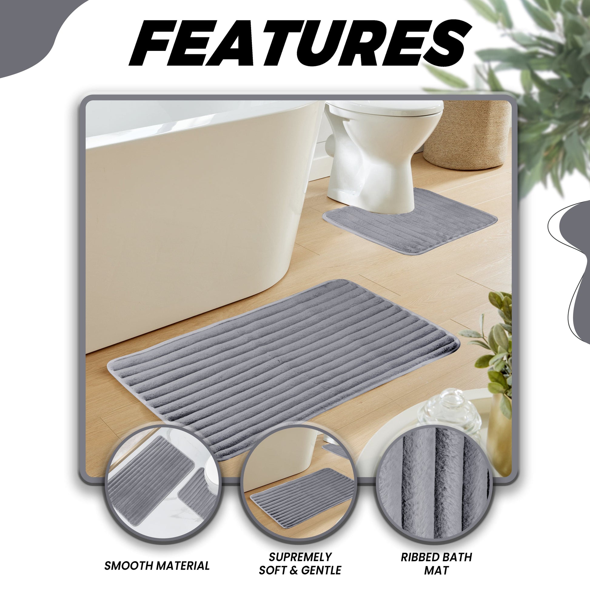 OLIVIA ROCCO Bath Mat CHARCOAL 2 Piece Ribbed Charcoal Bath Mat Set Wholesale Manchester UK