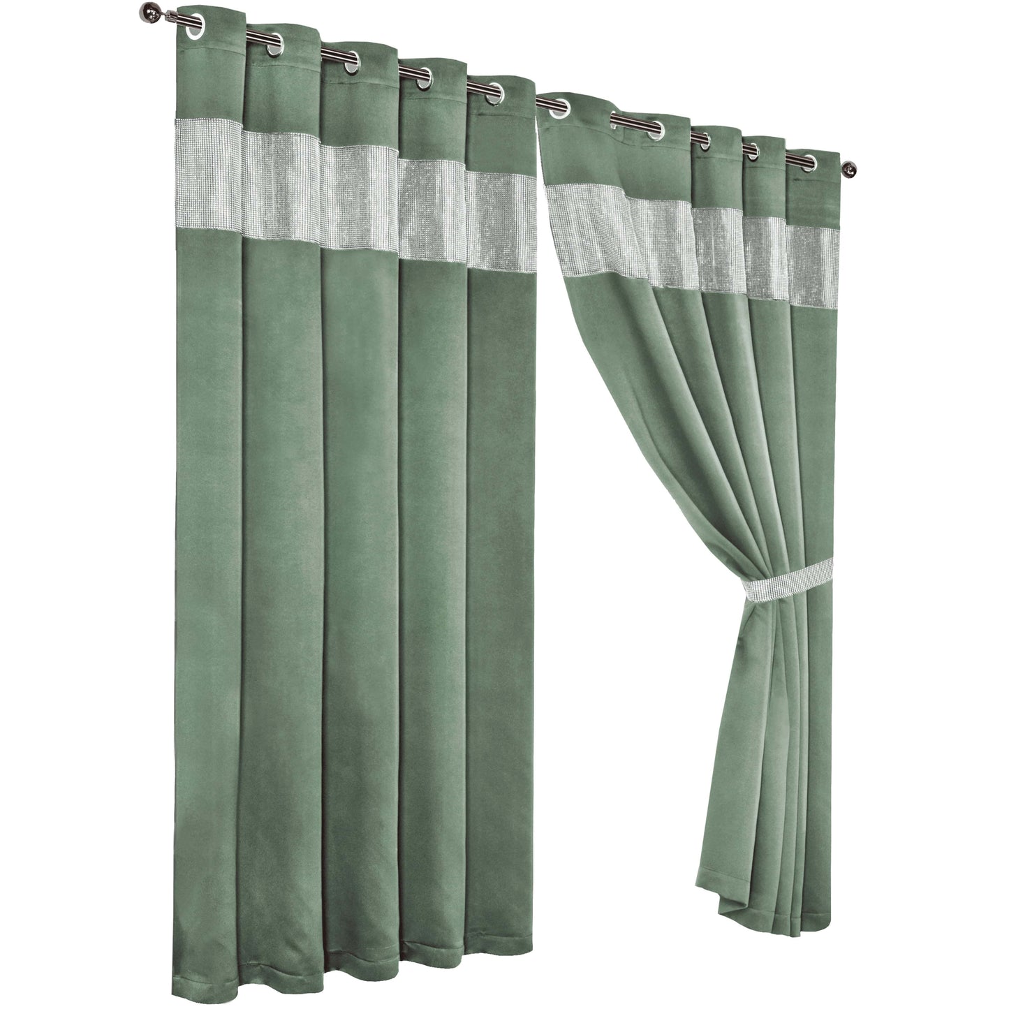 OLIVIA ROCCO Curtain 66" (WIDTH) x 54" (DROP) / SAGE GREEN Diamante Sage Green Blackout Eyelet Curtains Wholesale Manchester UK