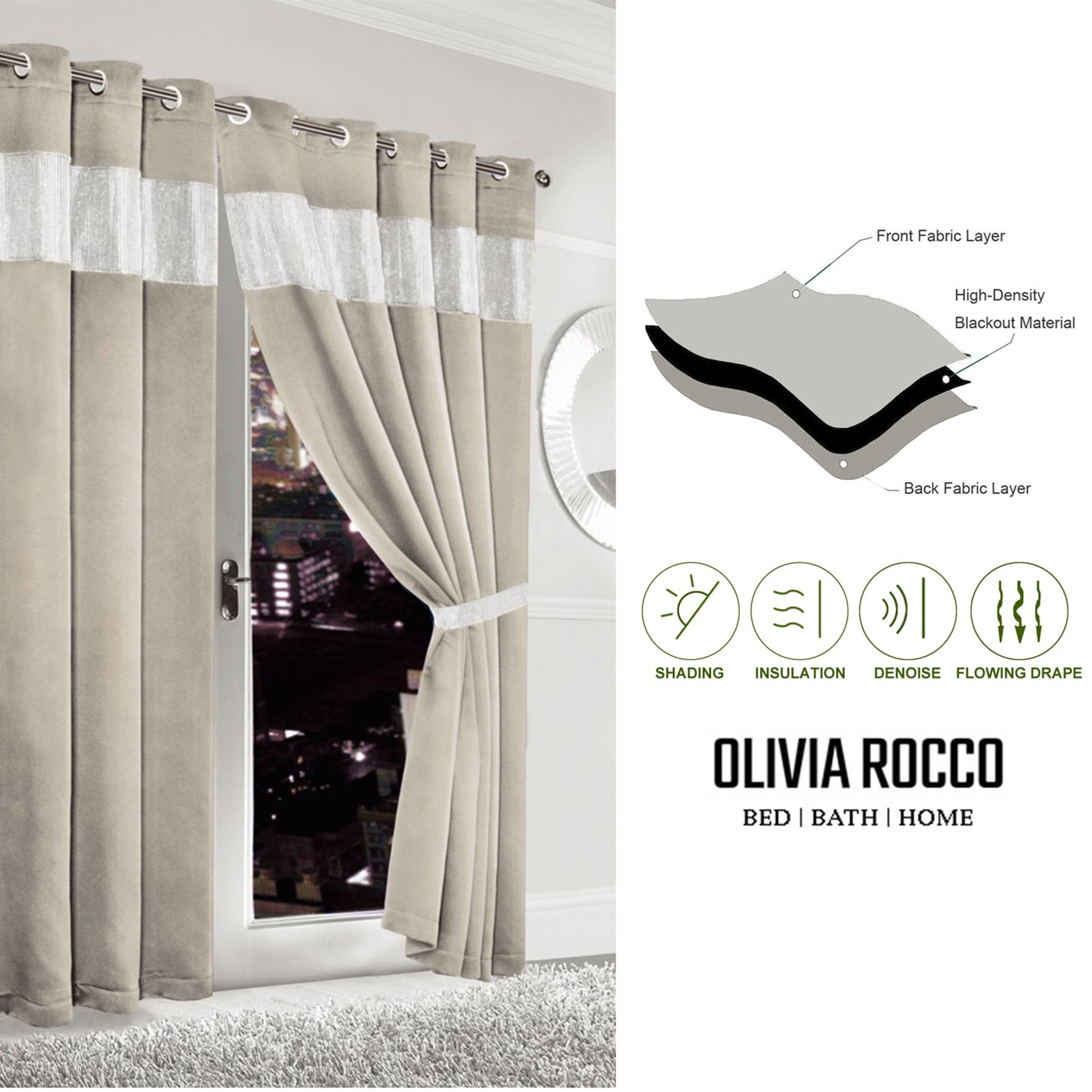 OLIVIA ROCCO Curtain Diamante Natural Blackout Eyelet Curtains Wholesale Manchester UK