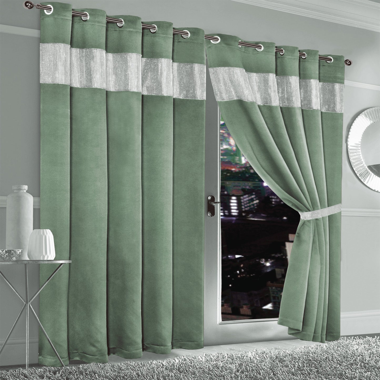 OLIVIA ROCCO Curtain Diamante Sage Green Blackout Eyelet Curtains Wholesale Manchester UK