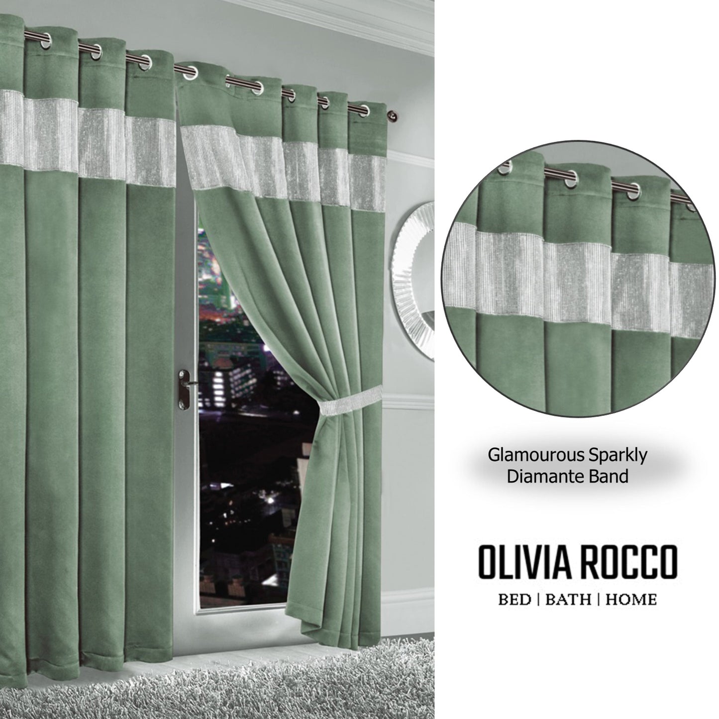 OLIVIA ROCCO Curtain Diamante Sage Green Blackout Eyelet Curtains Wholesale Manchester UK