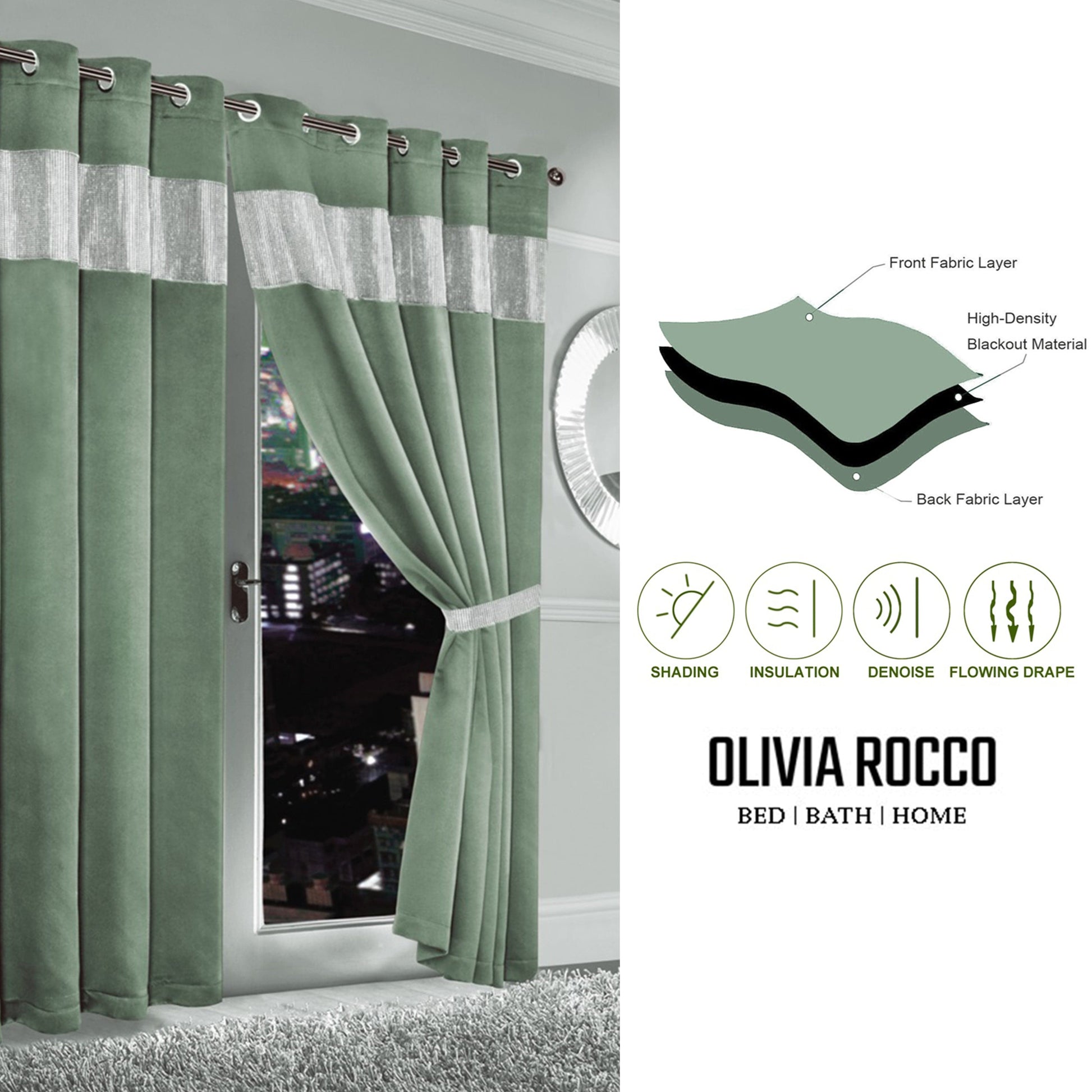 OLIVIA ROCCO Curtain Diamante Sage Green Blackout Eyelet Curtains Wholesale Manchester UK