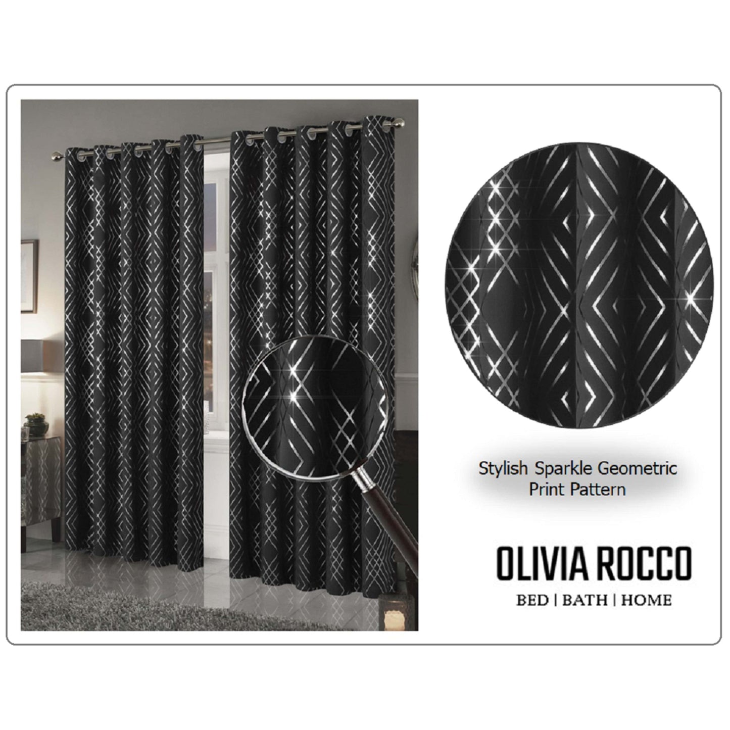 OLIVIA ROCCO Curtain Geometric Black Sparkle Blackout Curtains Wholesale Manchester UK