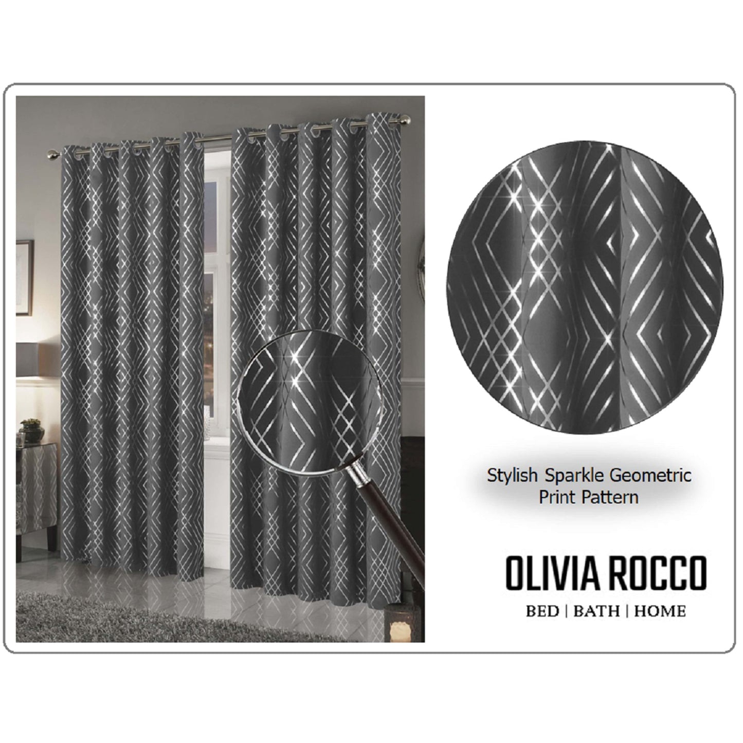 OLIVIA ROCCO Curtain Geometric Silver Sparkle Blackout Curtains Wholesale Manchester UK