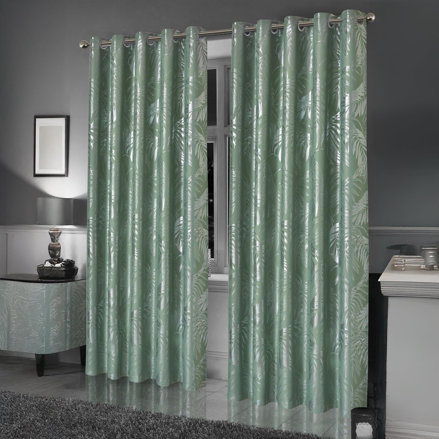 OLIVIA ROCCO Curtain Leaf Sage Green Sparkle Blackout Curtains Wholesale Manchester UK