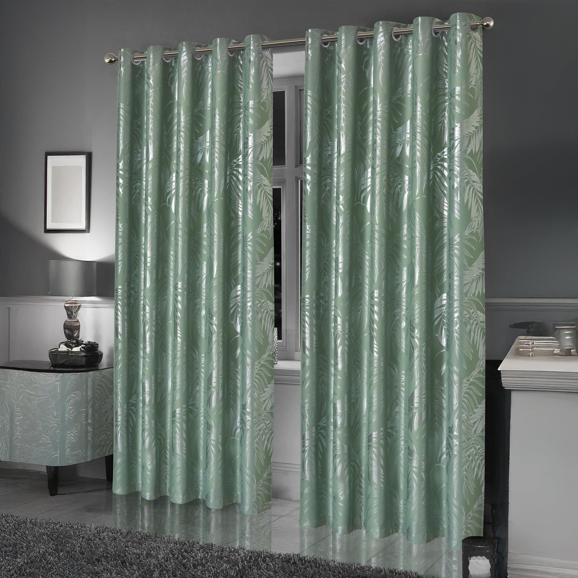 OLIVIA ROCCO Curtain Leaf Sage Green Sparkle Blackout Curtains Wholesale Manchester UK