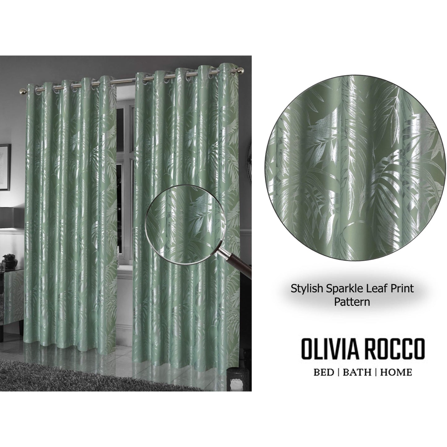 OLIVIA ROCCO Curtain Leaf Sage Green Sparkle Blackout Curtains Wholesale Manchester UK