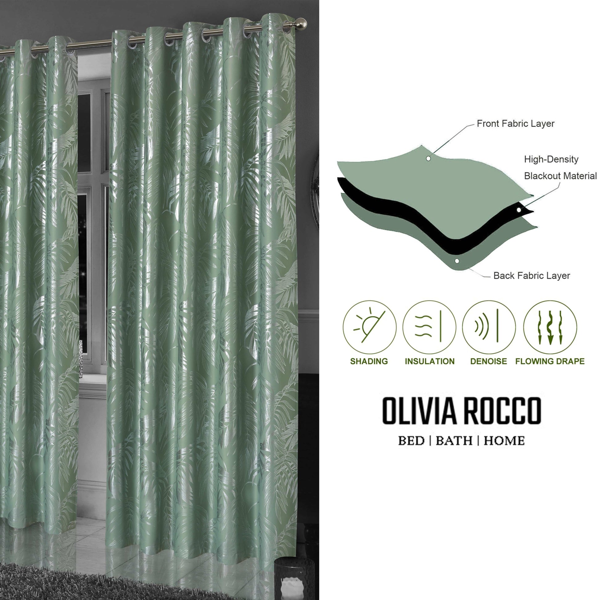 OLIVIA ROCCO Curtain Leaf Sage Green Sparkle Blackout Curtains Wholesale Manchester UK