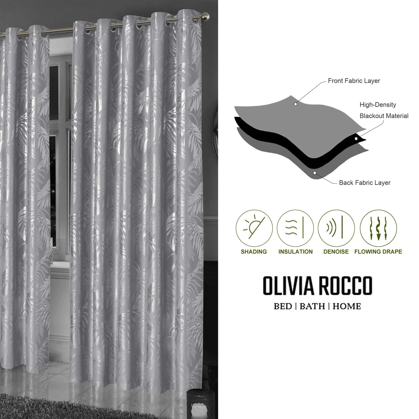OLIVIA ROCCO Curtain Leaf Silver Sparkle Blackout Curtains Wholesale Manchester UK