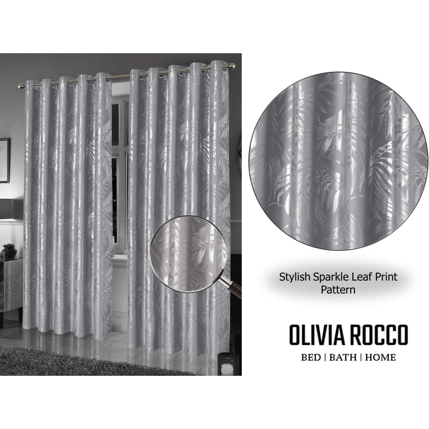 OLIVIA ROCCO Curtain Leaf Silver Sparkle Blackout Curtains Wholesale Manchester UK