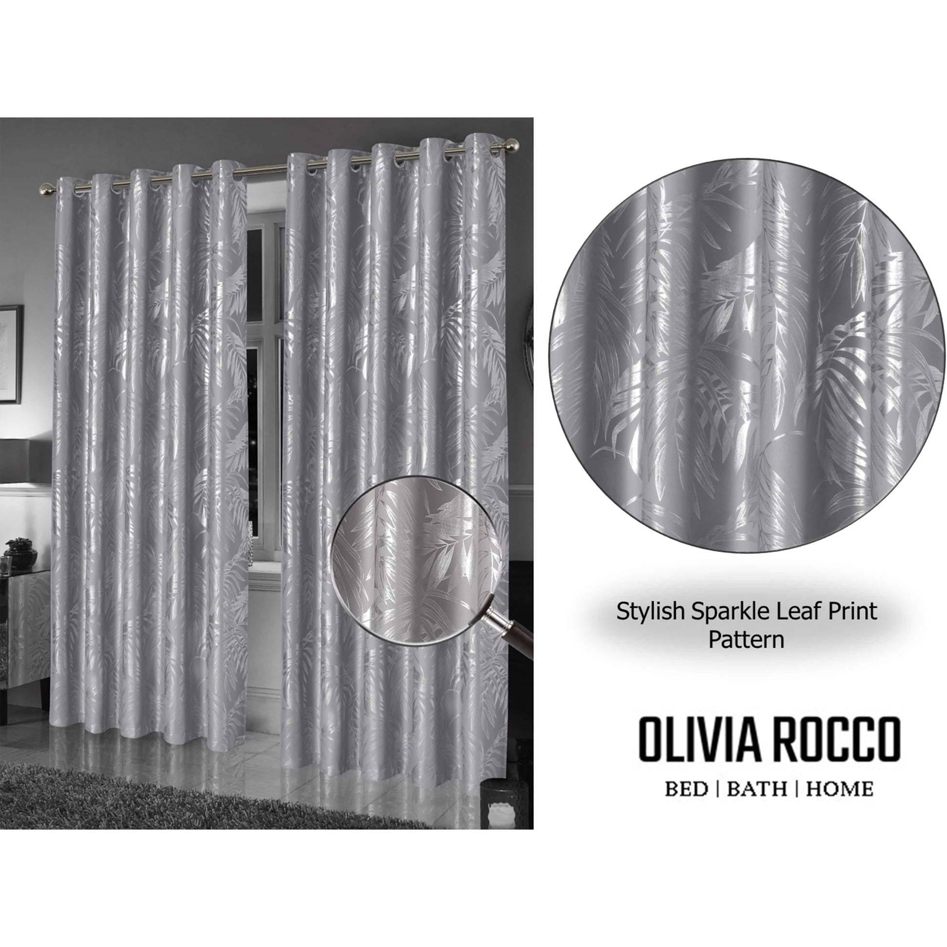 OLIVIA ROCCO Curtain Leaf Silver Sparkle Blackout Curtains Wholesale Manchester UK