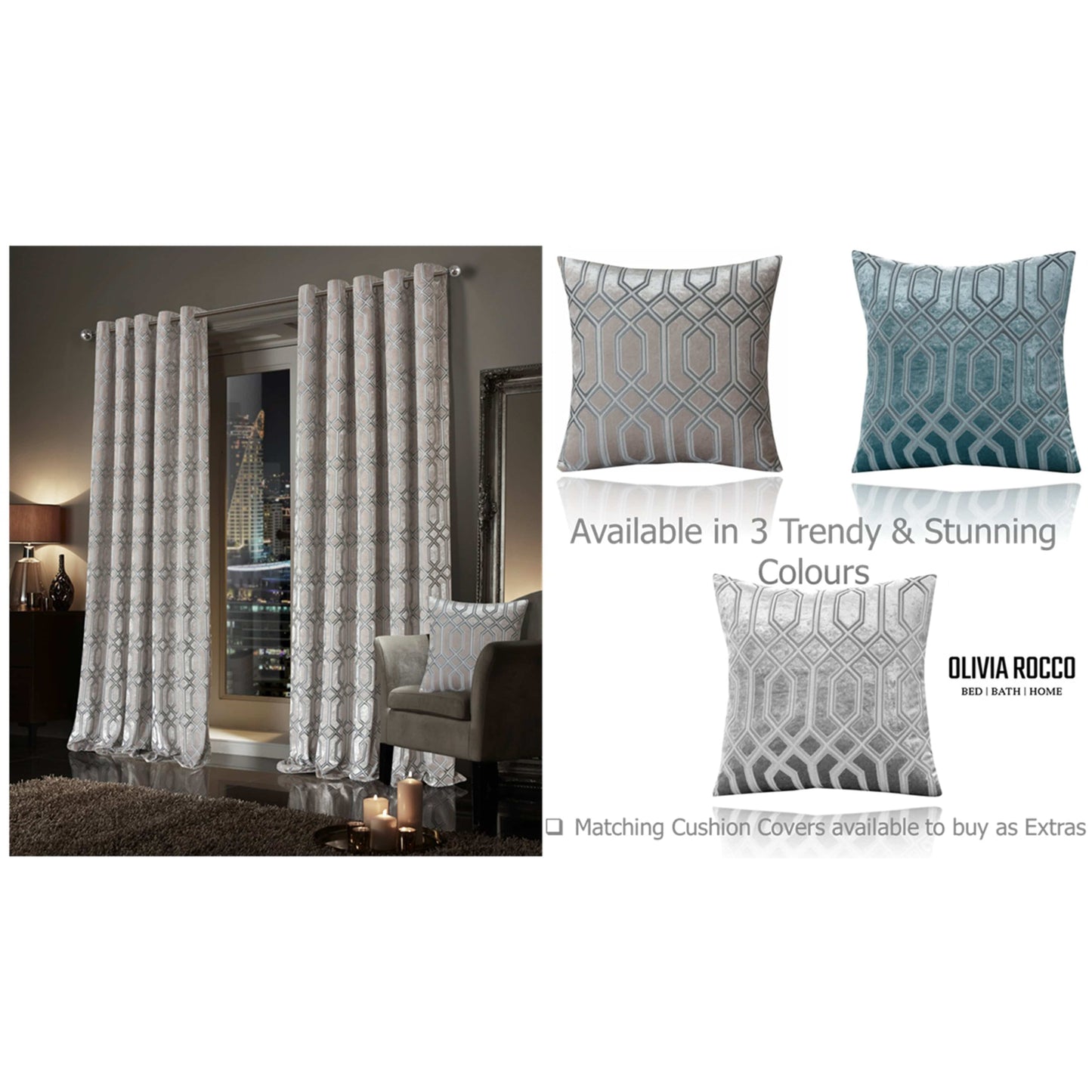 OLIVIA ROCCO Curtain Luxe Geo Velvet Eyelet Curtains Champagne Wholesale Manchester UK