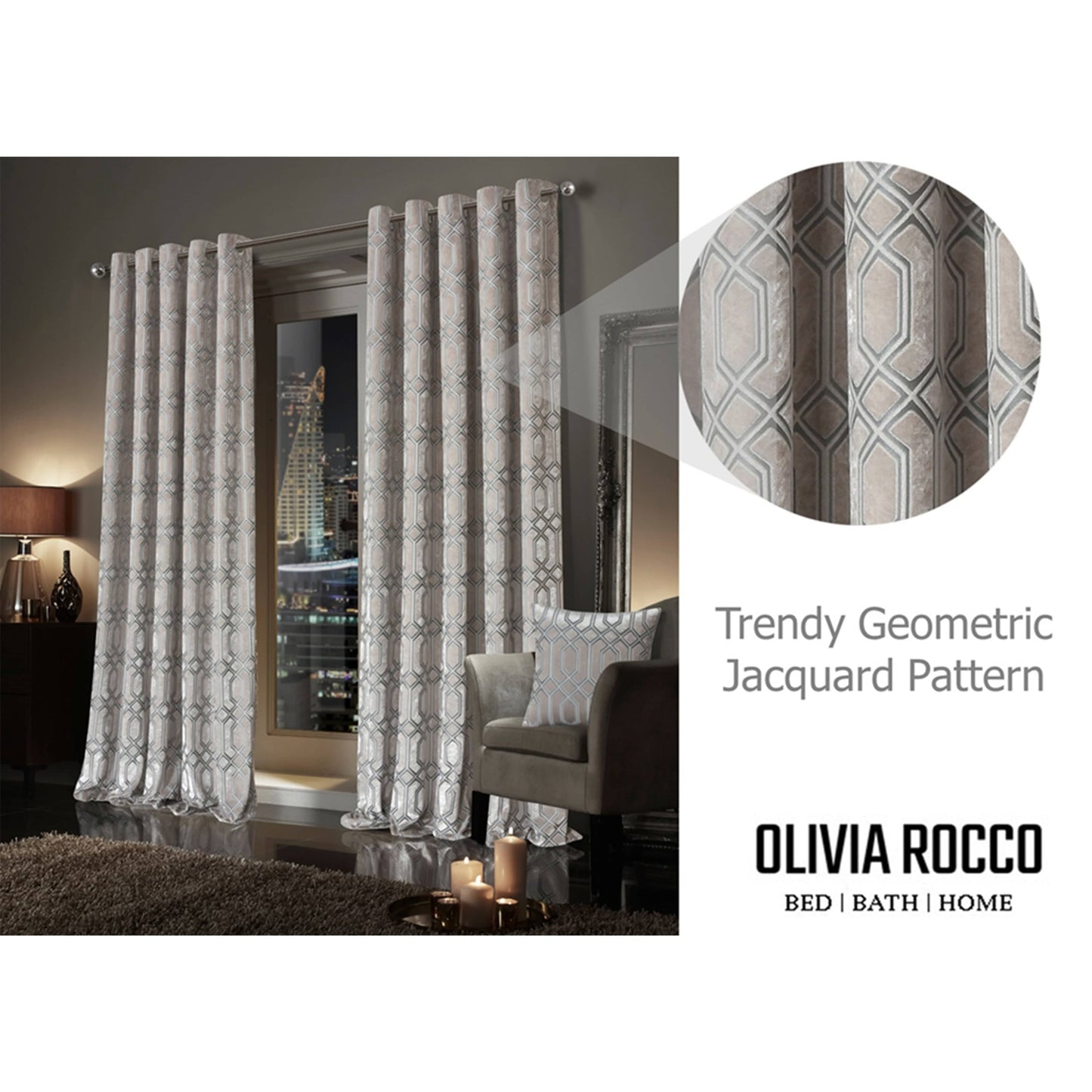 OLIVIA ROCCO Curtain Luxe Geo Velvet Eyelet Curtains Champagne Wholesale Manchester UK