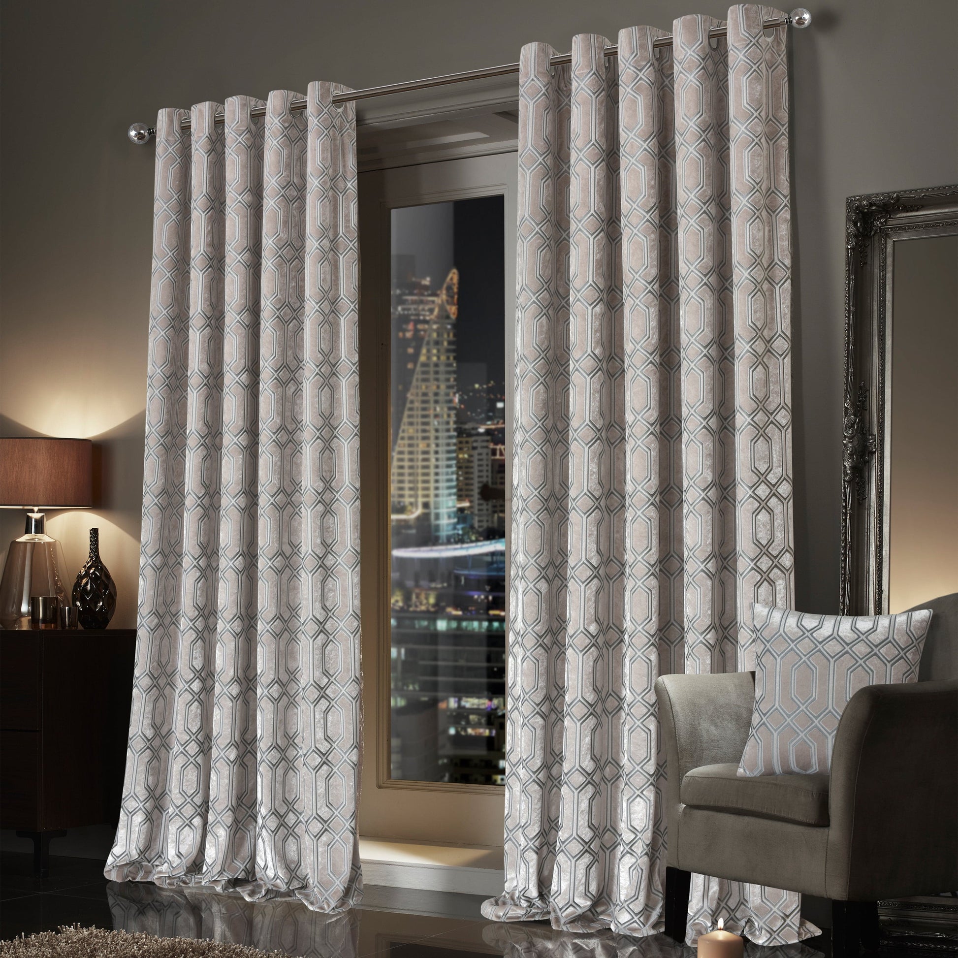 OLIVIA ROCCO Curtain Luxe Geo Velvet Eyelet Curtains Champagne Wholesale Manchester UK