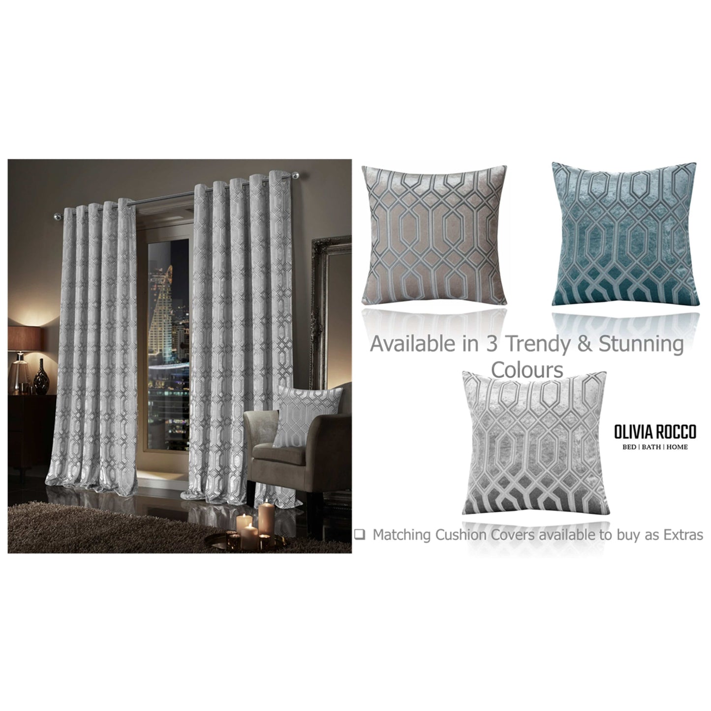 OLIVIA ROCCO Curtain Luxe Geo Velvet Eyelet Curtains Grey Wholesale Manchester UK