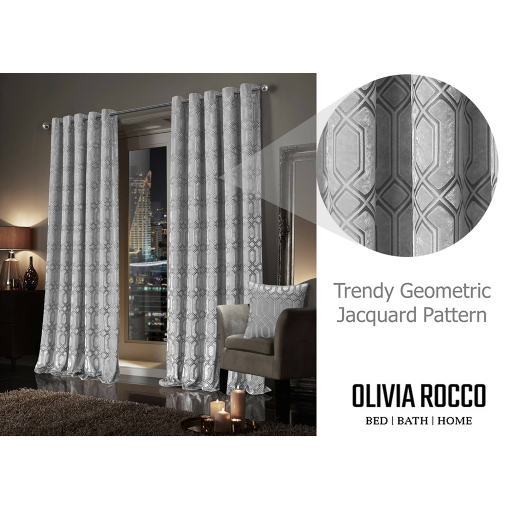 OLIVIA ROCCO Curtain Luxe Geo Velvet Eyelet Curtains Grey Wholesale Manchester UK
