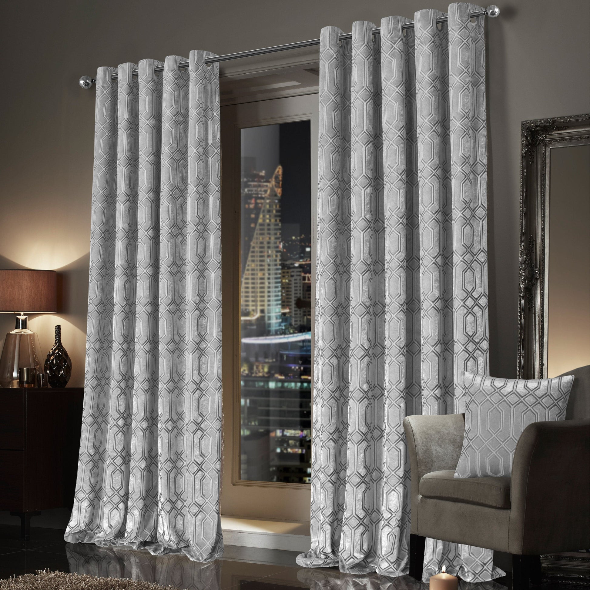 OLIVIA ROCCO Curtain Luxe Geo Velvet Eyelet Curtains Grey Wholesale Manchester UK