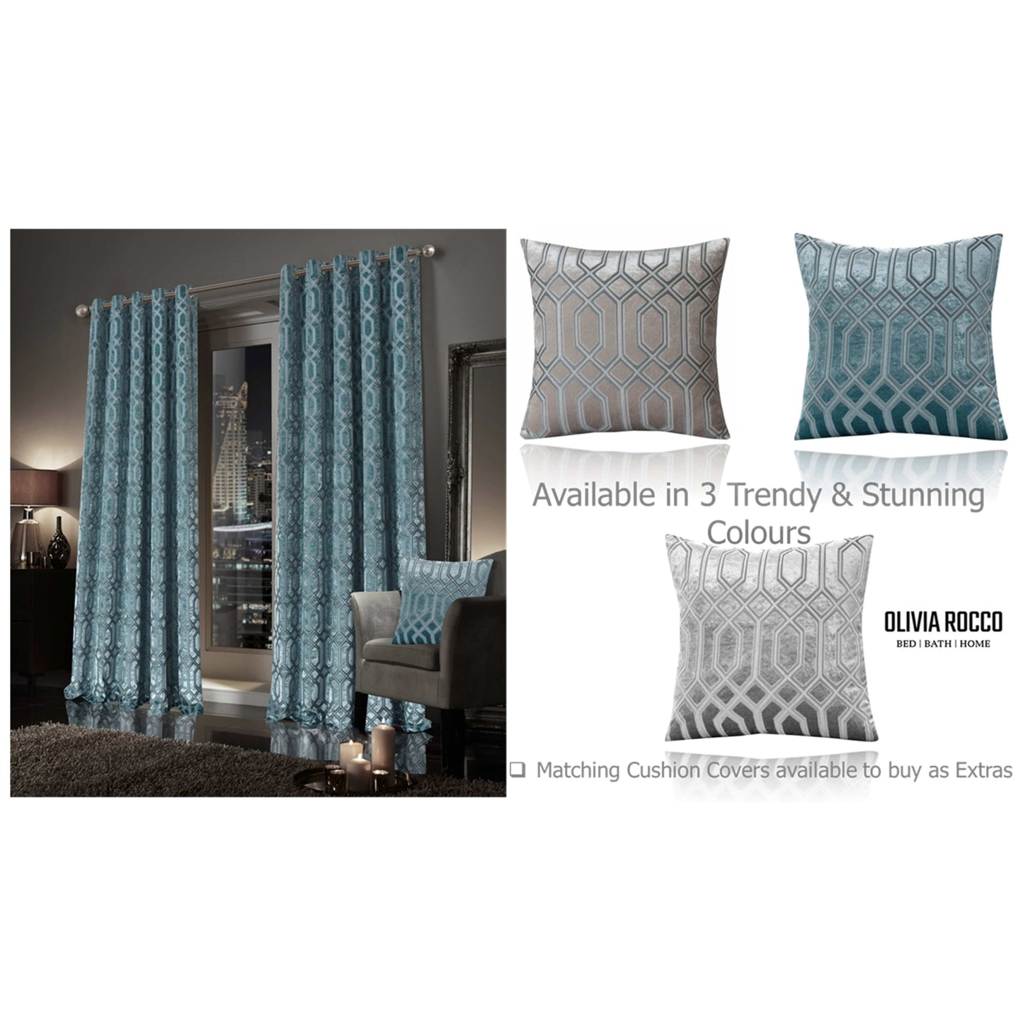 OLIVIA ROCCO Curtain Luxe Geo Velvet Eyelet Curtains Teal Wholesale Manchester UK
