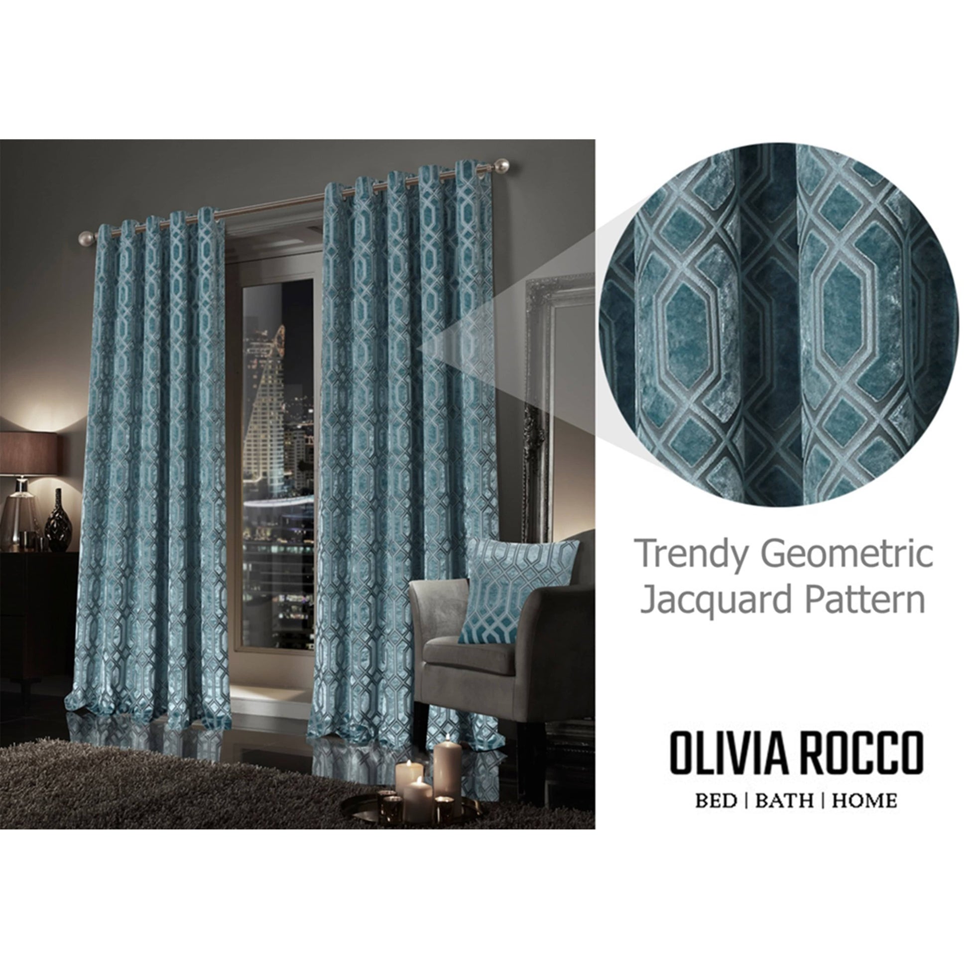 OLIVIA ROCCO Curtain Luxe Geo Velvet Eyelet Curtains Teal Wholesale Manchester UK
