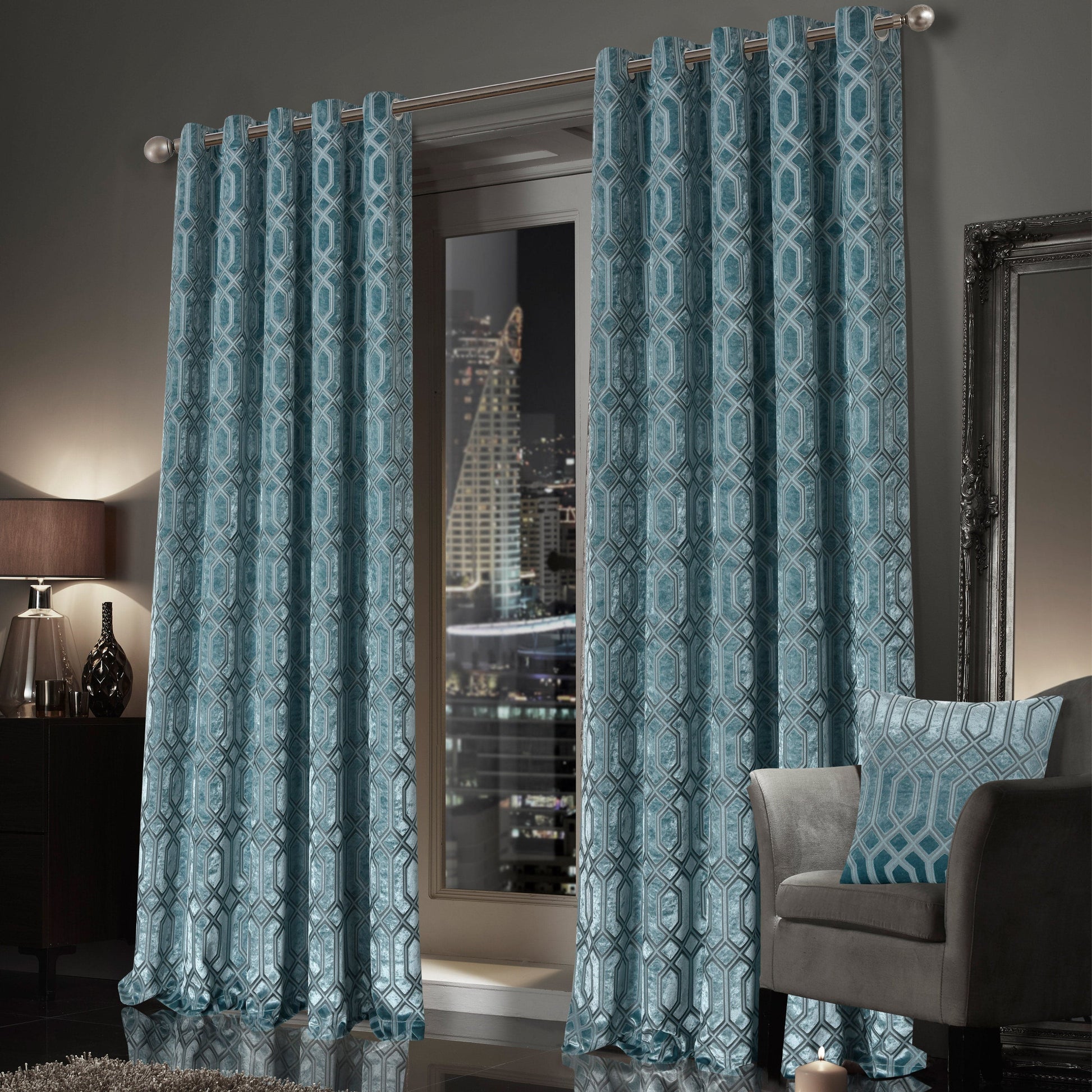OLIVIA ROCCO Curtain Luxe Geo Velvet Eyelet Curtains Teal Wholesale Manchester UK
