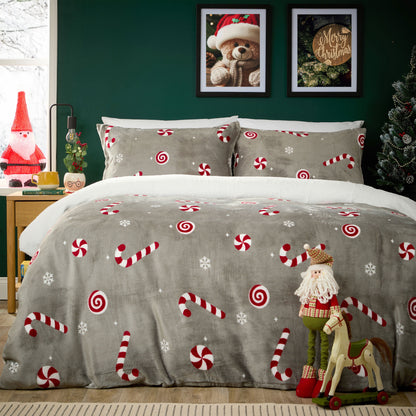 OLIVIA ROCCO Duvet Cover GREY / SINGLE Candy Cane Teddy Fleece Duvet Cover Set Wholesale Manchester UK