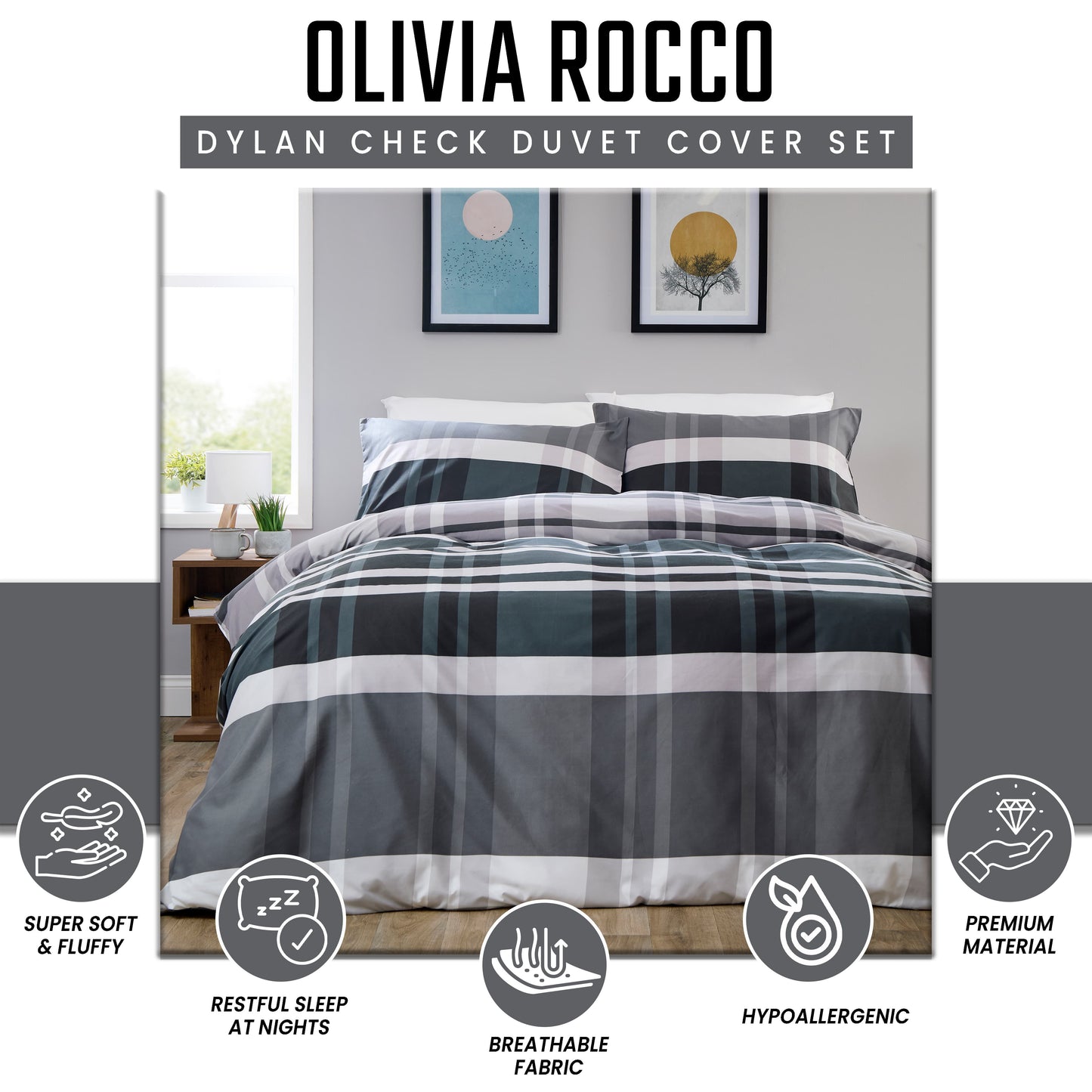 OLIVIA ROCCO Duvet Cover LOOMWORKS Dylan Check Black Grey Microfibre Duvet Cover Set Wholesale Manchester UK