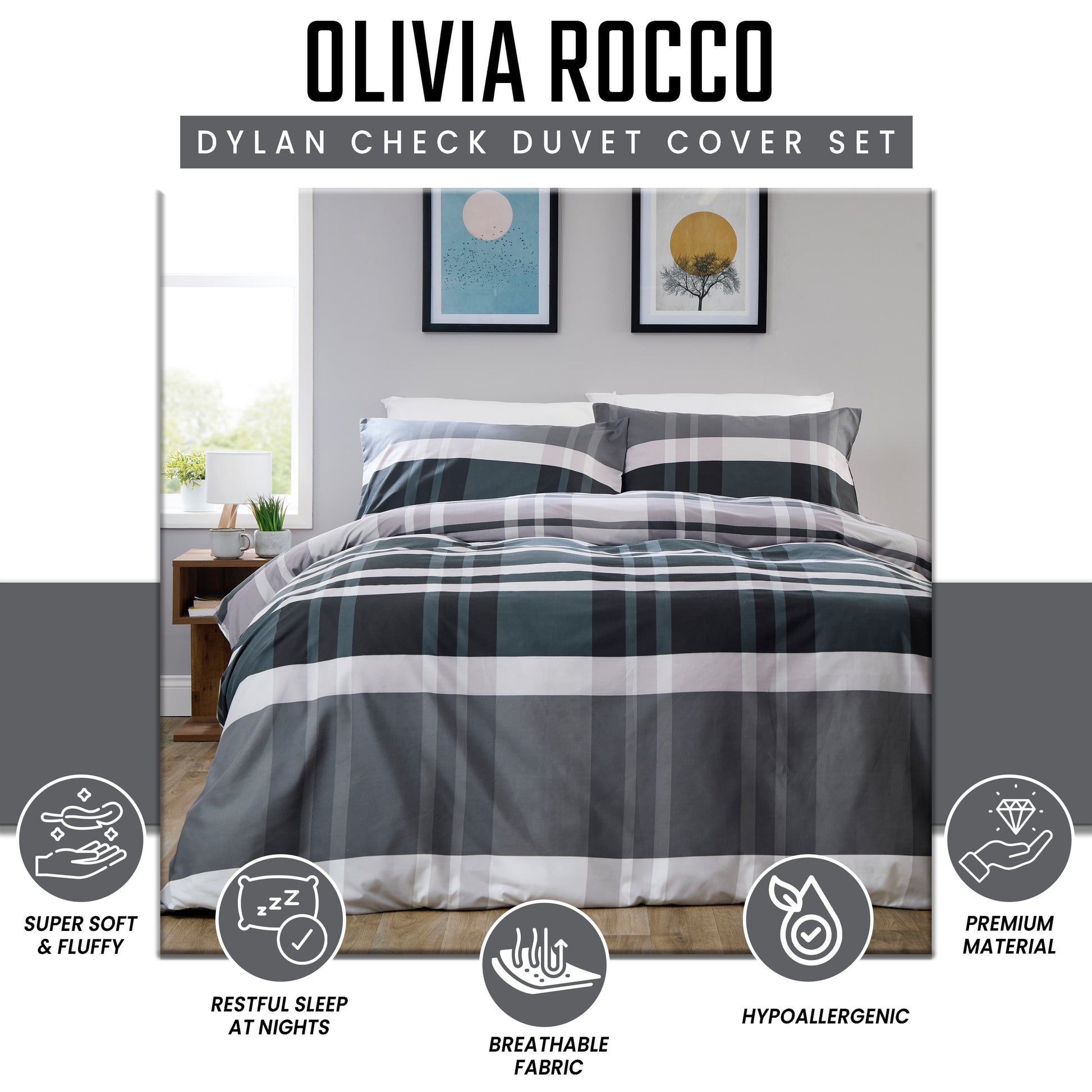 OLIVIA ROCCO Duvet Cover LOOMWORKS Dylan Check Black Grey Microfibre Duvet Cover Set Wholesale Manchester UK