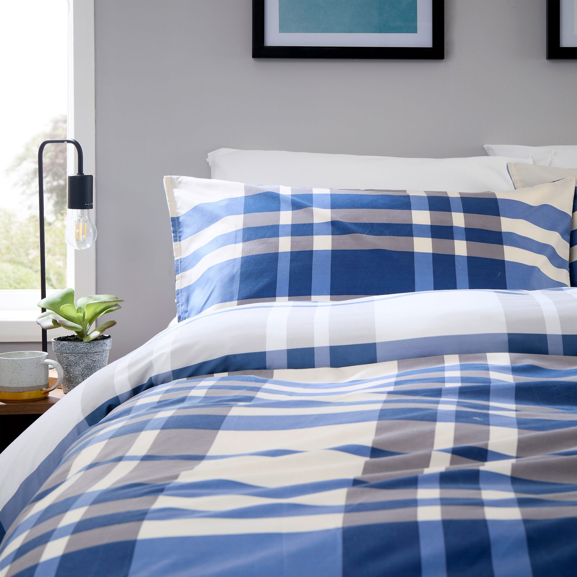 OLIVIA ROCCO Duvet Cover LOOMWORKS Dylan Check Blue Grey Microfibre Duvet Cover Set Wholesale Manchester UK
