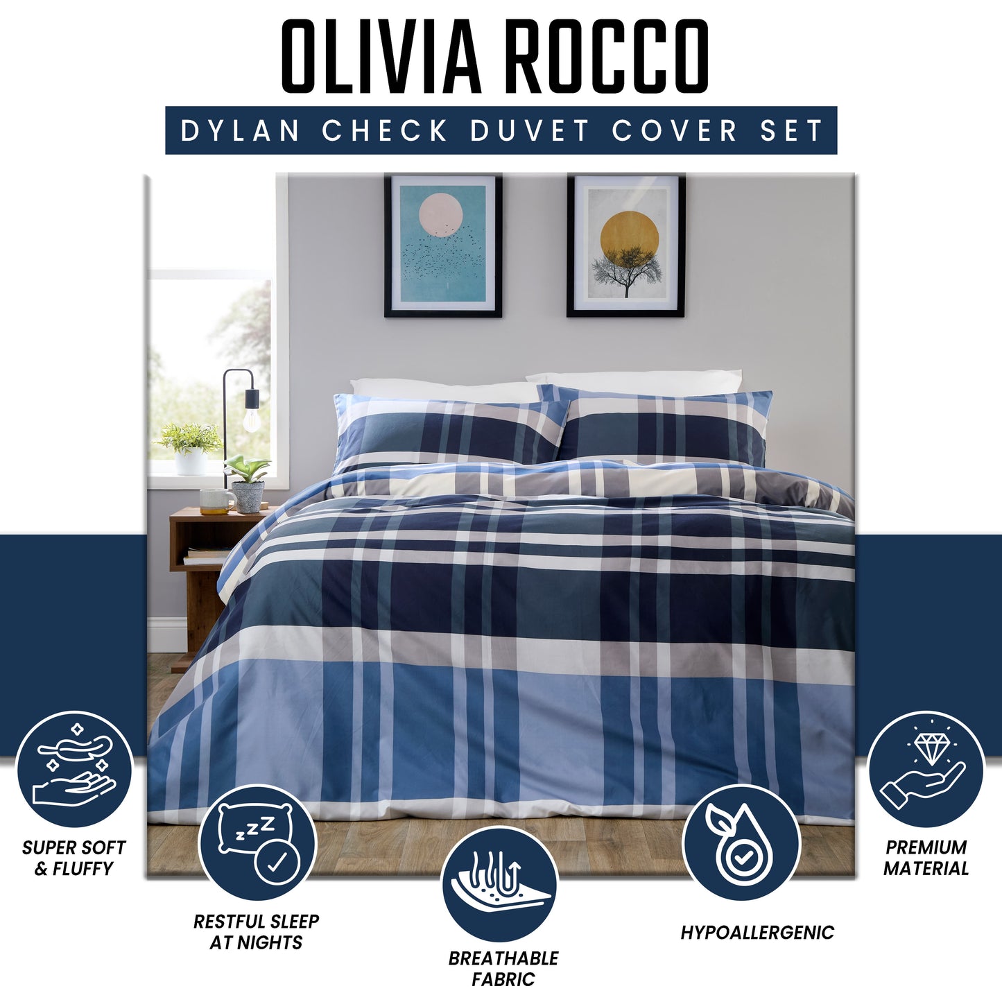 OLIVIA ROCCO Duvet Cover LOOMWORKS Dylan Check Blue Grey Microfibre Duvet Cover Set Wholesale Manchester UK