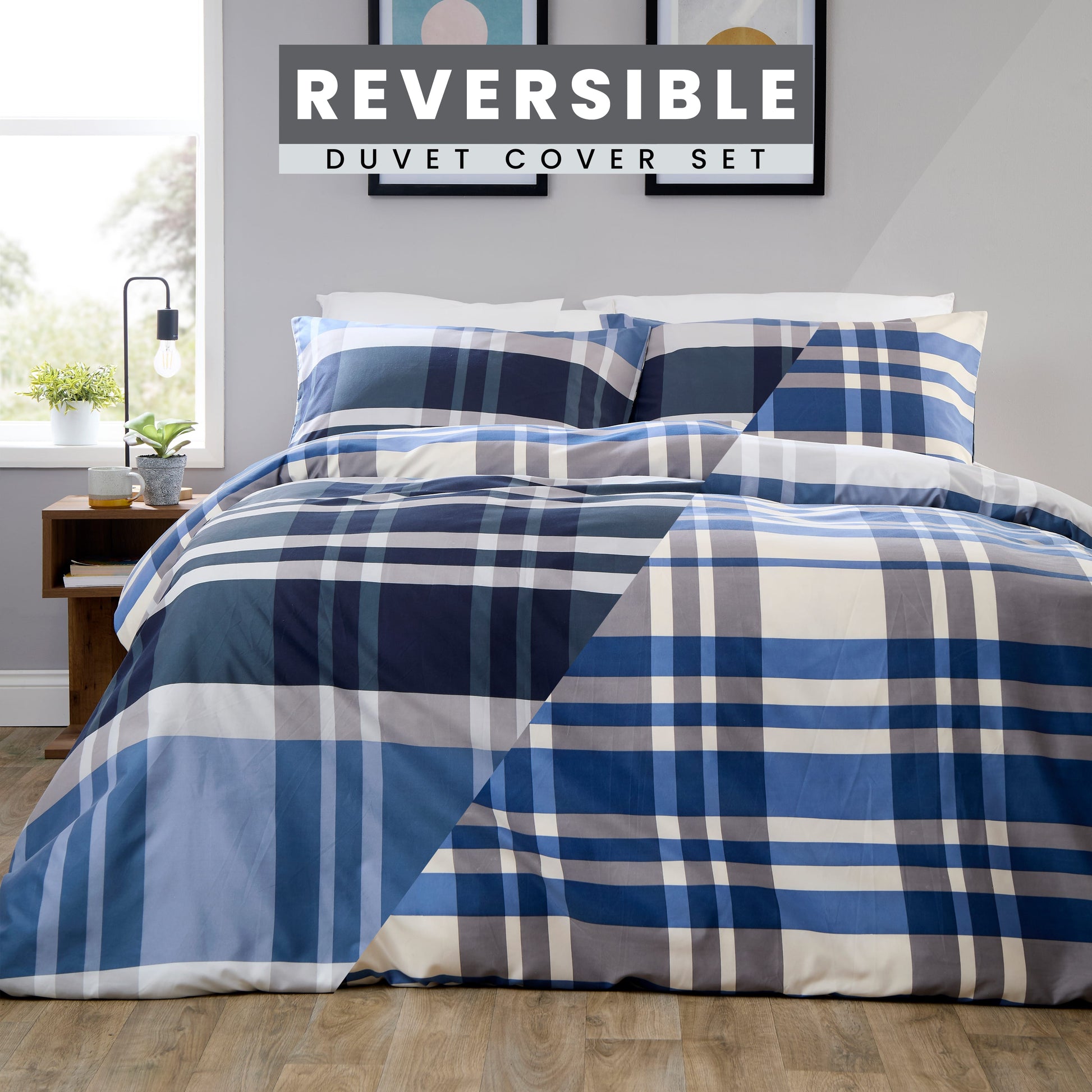 OLIVIA ROCCO Duvet Cover LOOMWORKS Dylan Check Blue Grey Microfibre Duvet Cover Set Wholesale Manchester UK