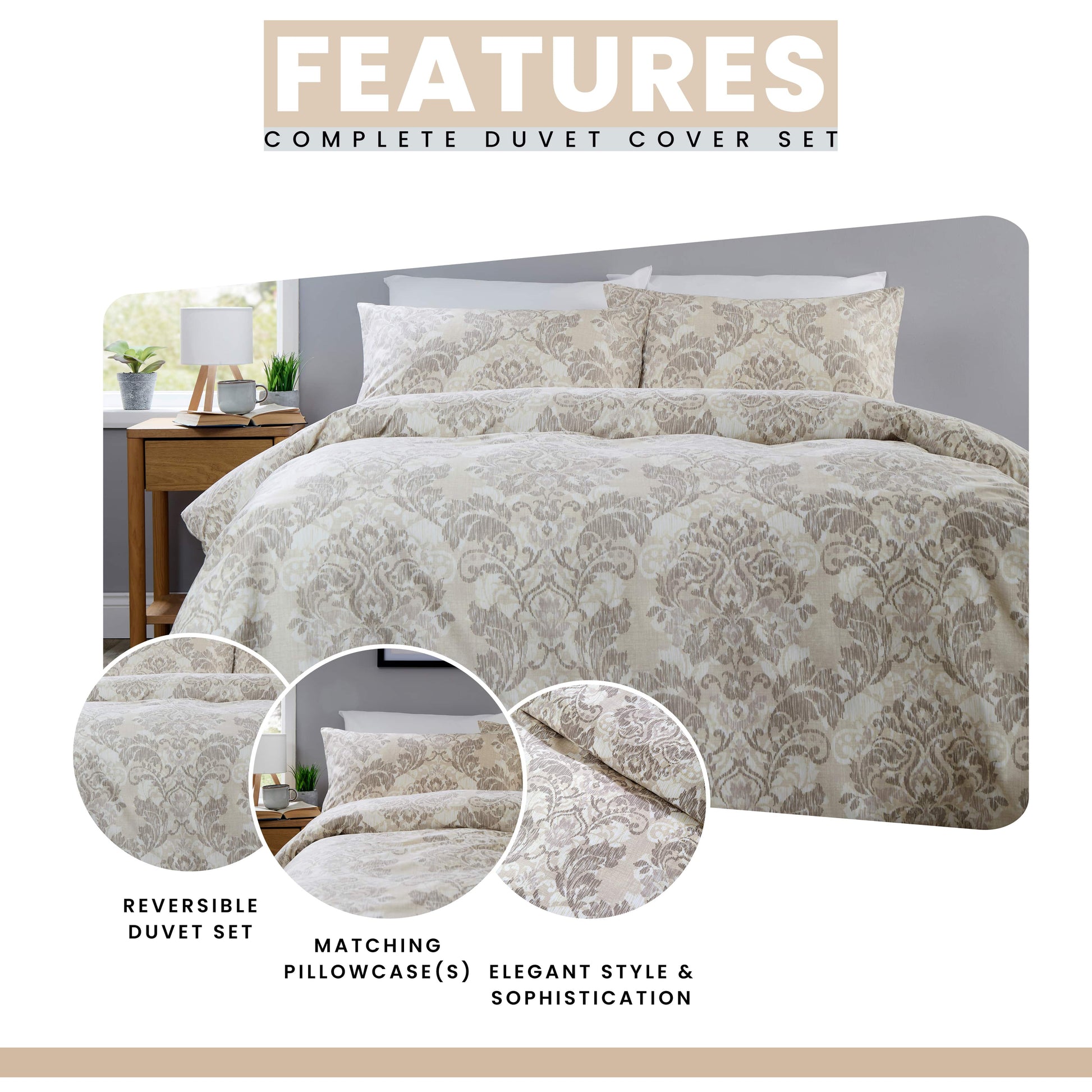 OLIVIA ROCCO Duvet Cover LOOMWORKS Regal Damask Natural Brown Microfibre Duvet Cover Set Wholesale Manchester UK