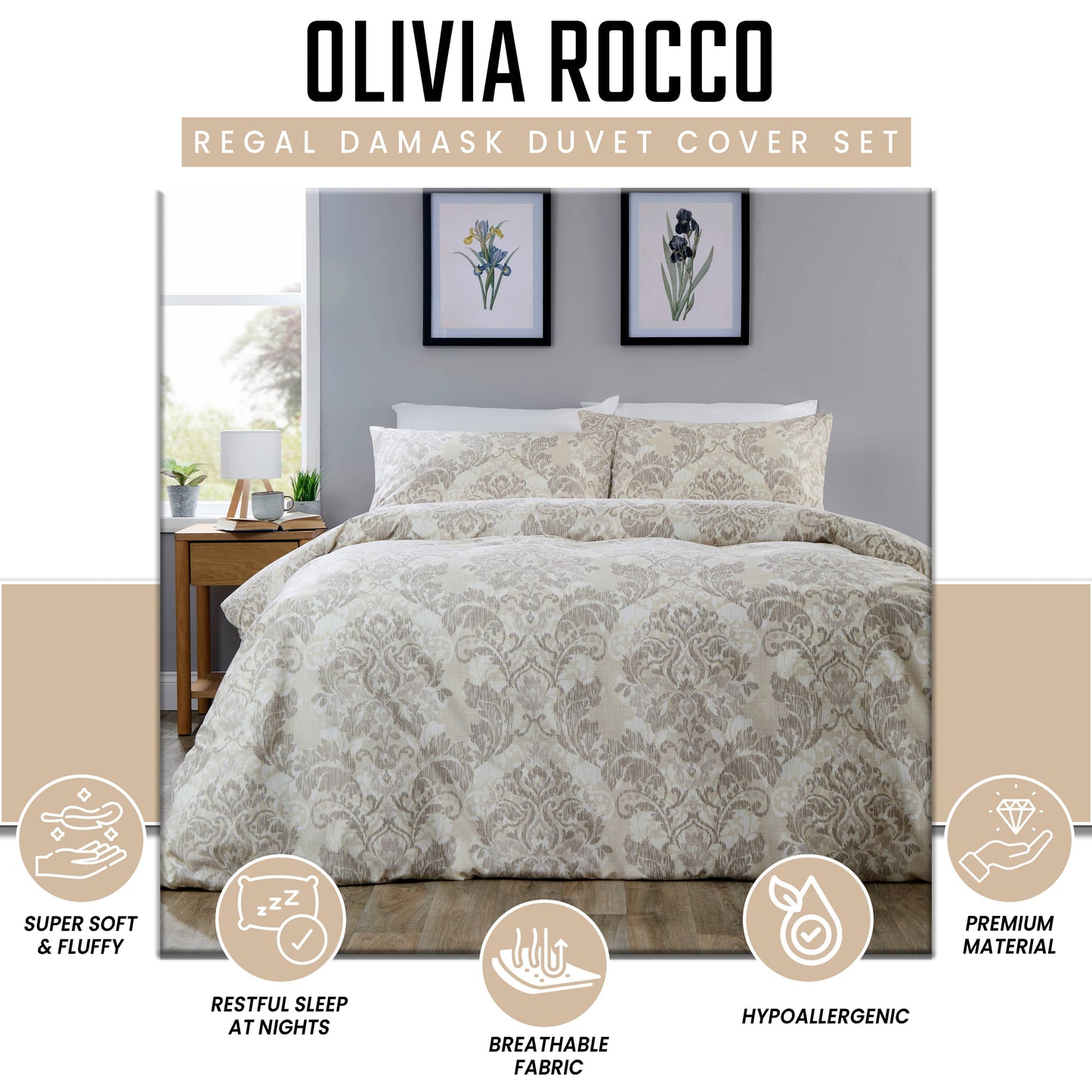 OLIVIA ROCCO Duvet Cover LOOMWORKS Regal Damask Natural Brown Microfibre Duvet Cover Set Wholesale Manchester UK