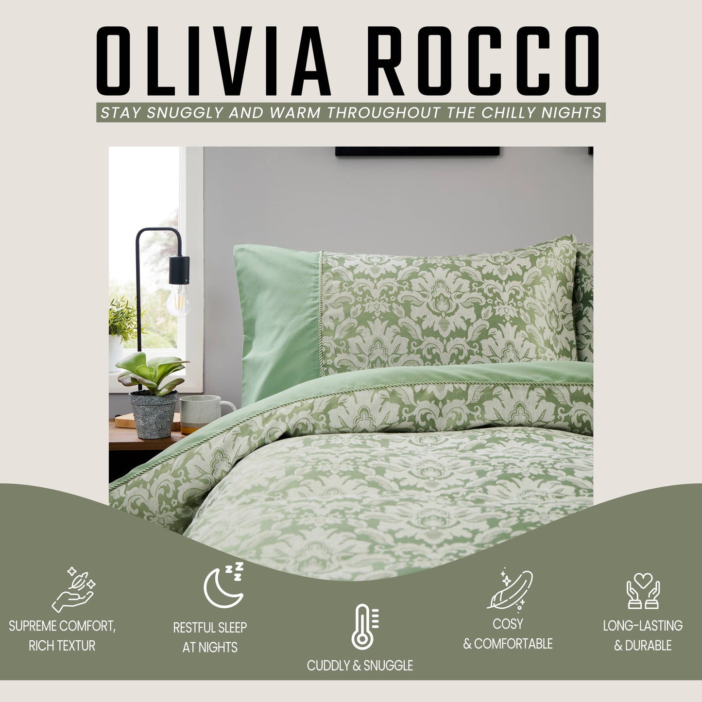 OLIVIA ROCCO Duvet Cover LOOMWORKS Savoy Sage Green Jacquard Duvet Cover Set Wholesale Manchester UK