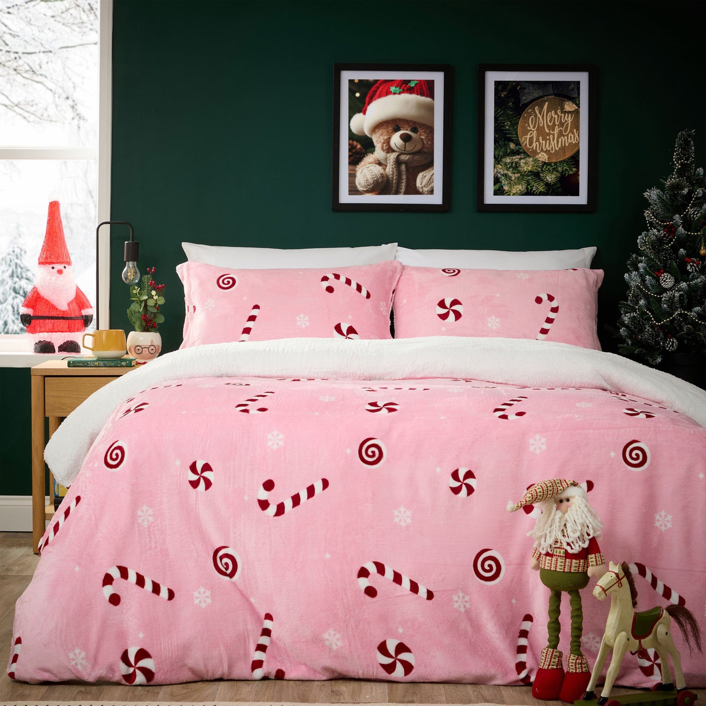 OLIVIA ROCCO Duvet Cover PINK / SINGLE Candy Cane Teddy Fleece Duvet Cover Set Wholesale Manchester UK