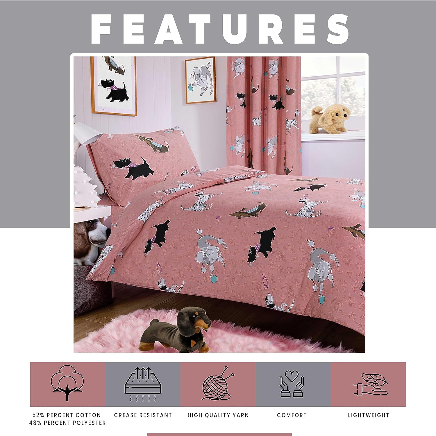 OLIVIA ROCCO Duvet Cover Pups Pink Duvet Cover Set Soft Dogs Bedding Set With Matching Curtains Wholesale Manchester UK