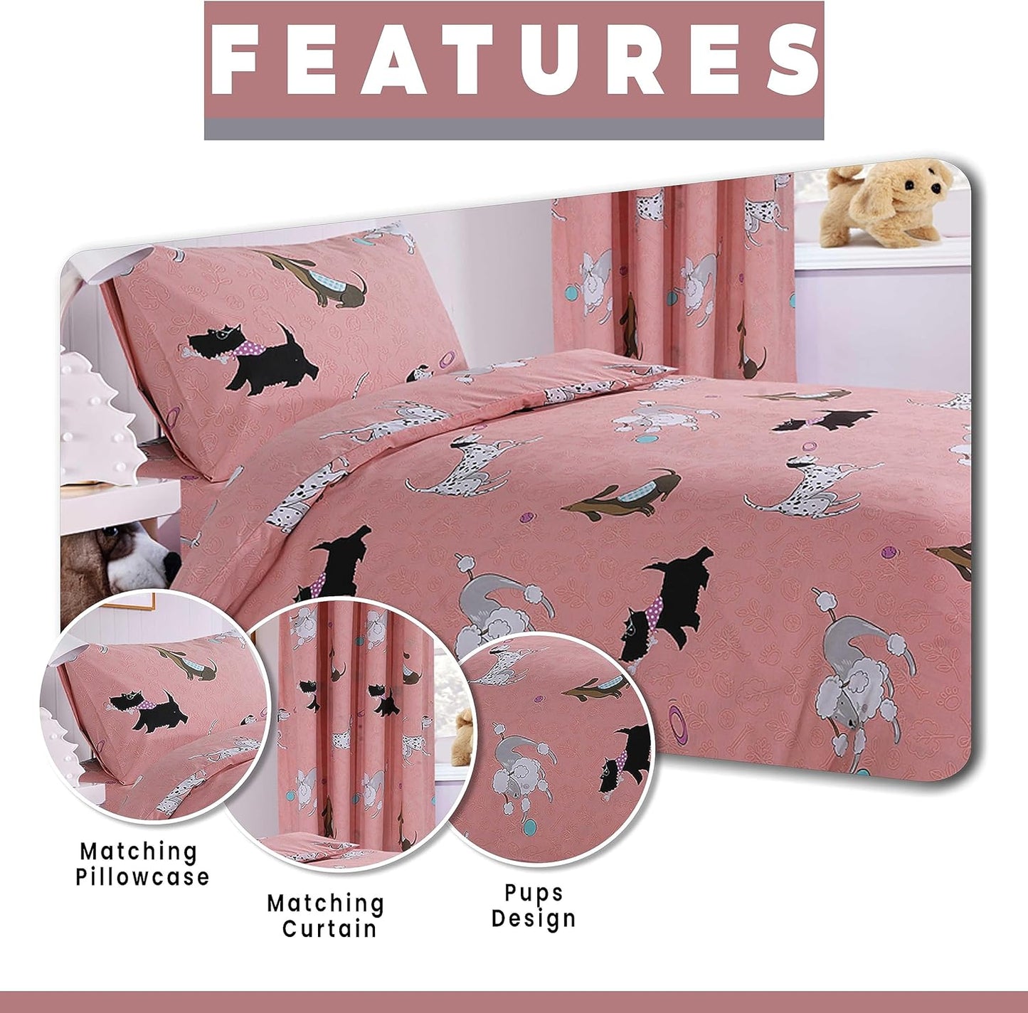 OLIVIA ROCCO Duvet Cover Pups Pink Duvet Cover Set Soft Dogs Bedding Set With Matching Curtains Wholesale Manchester UK