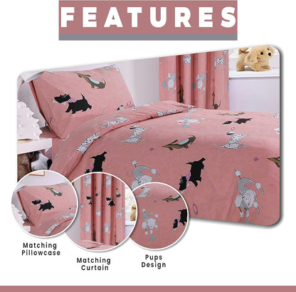 OLIVIA ROCCO Duvet Cover Pups Pink Duvet Cover Set Soft Dogs Bedding Set With Matching Curtains Wholesale Manchester UK