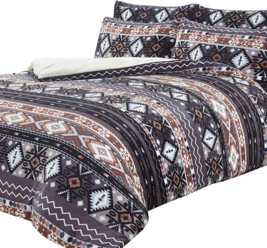 OLIVIA ROCCO Duvet Cover SINGLE / BLACK Aztec Printed Teddy Duvet Sets With Reversible Sherpa Fleece Fur Wholesale Manchester UK