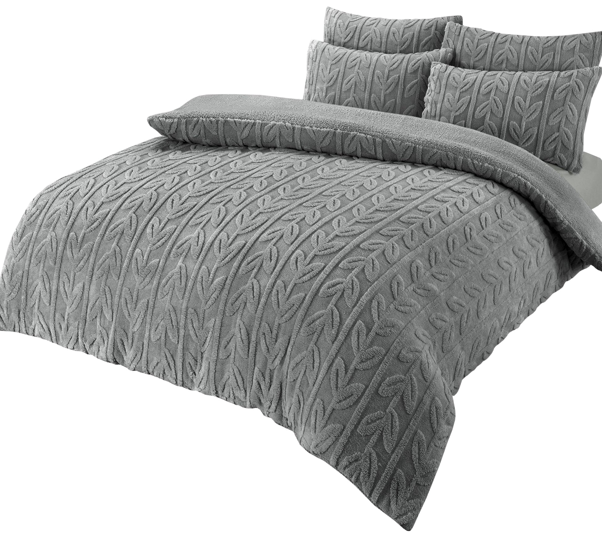 OLIVIA ROCCO Duvet Cover SINGLE / GREY Leaf Printed Teddy Duvet Sets With Reversible Sherpa Fleece Fur Wholesale Manchester UK