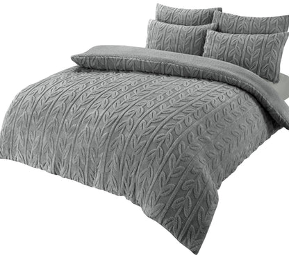 OLIVIA ROCCO Duvet Cover SINGLE / GREY Leaf Printed Teddy Duvet Sets With Reversible Sherpa Fleece Fur Wholesale Manchester UK