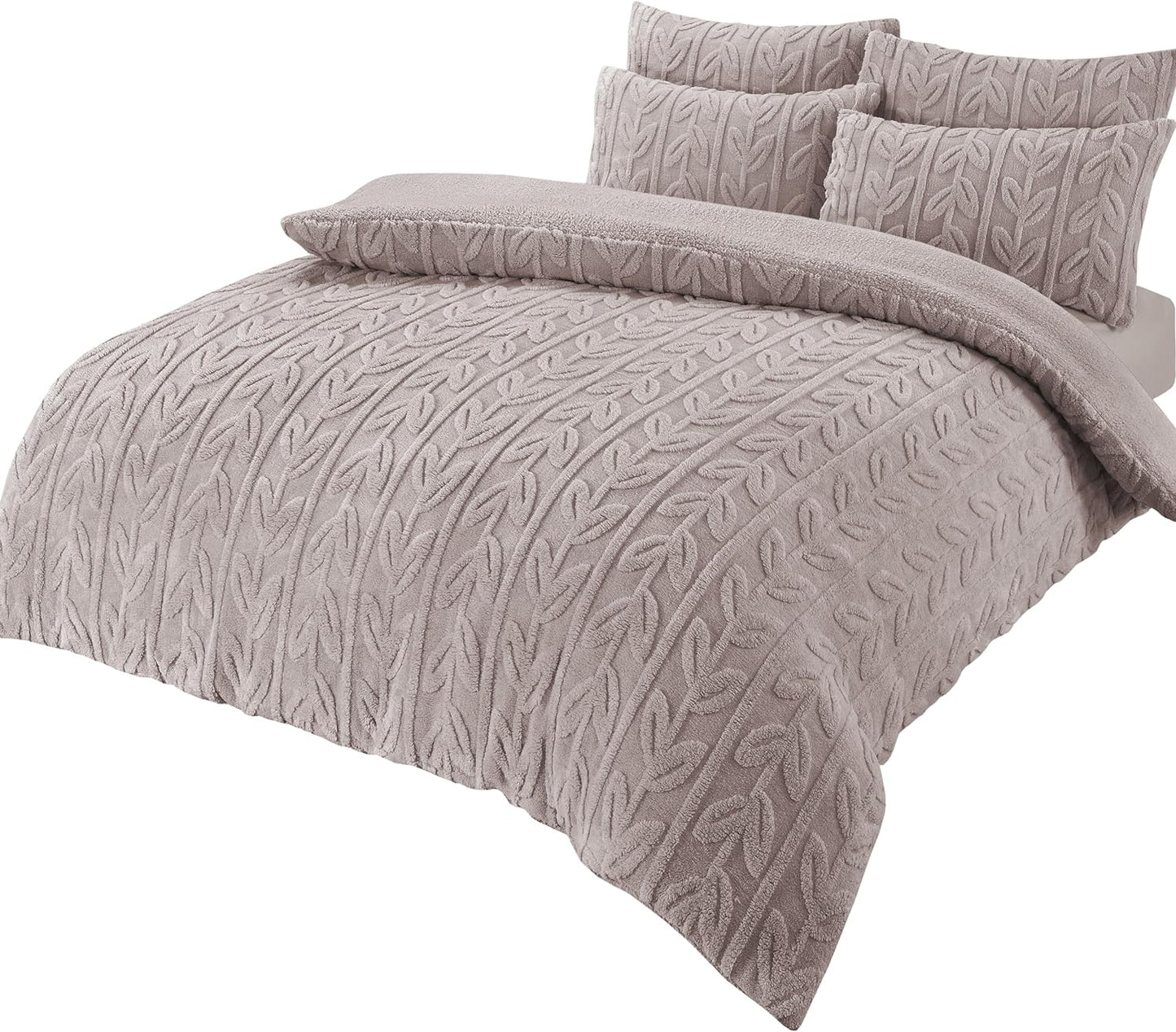 OLIVIA ROCCO Duvet Cover SINGLE / NATURAL Leaf Printed Teddy Duvet Sets With Reversible Sherpa Fleece Fur Wholesale Manchester UK