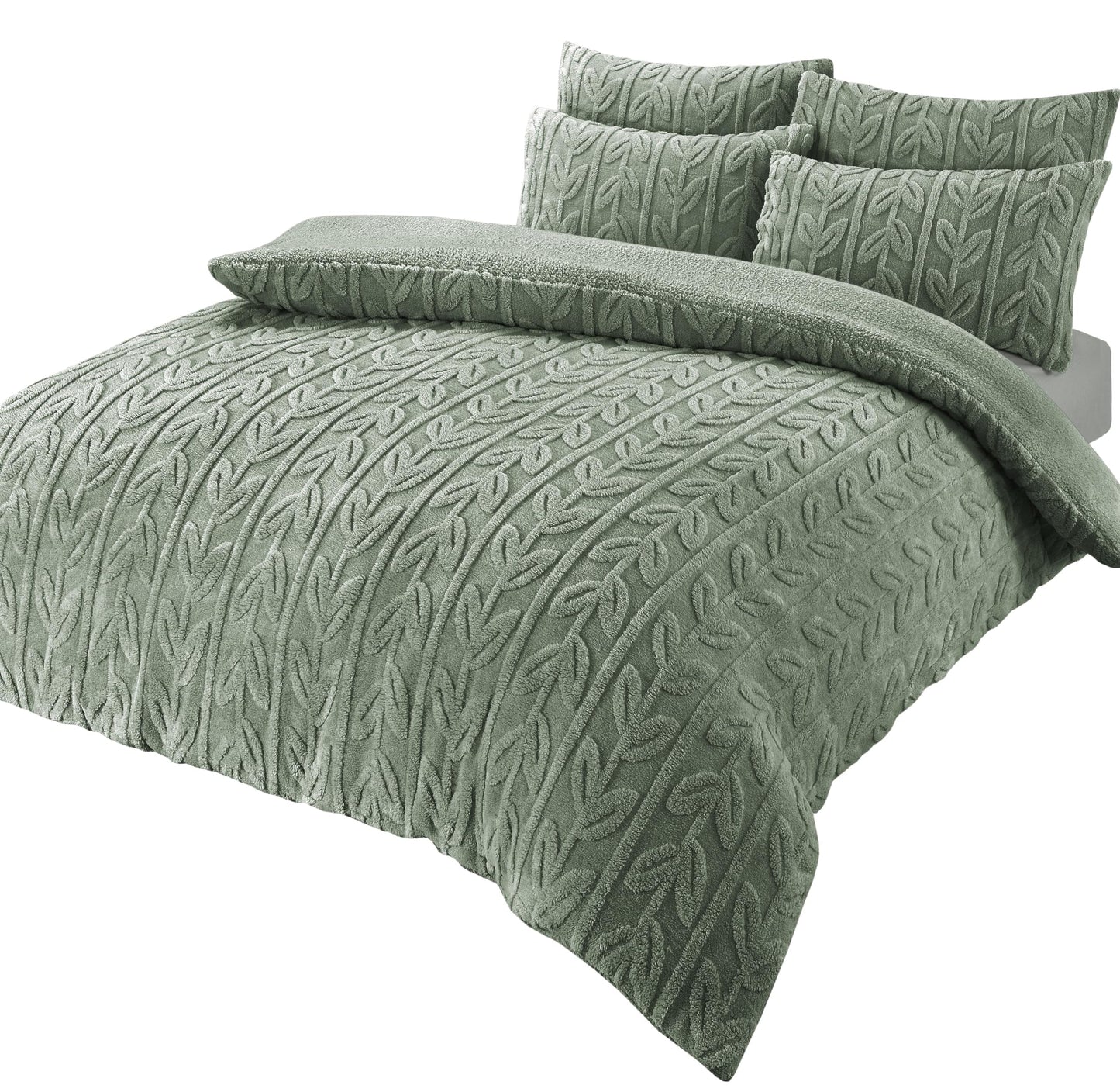 OLIVIA ROCCO Duvet Cover SINGLE / SAGE GREEN Leaf Printed Teddy Duvet Sets With Reversible Sherpa Fleece Fur Wholesale Manchester UK