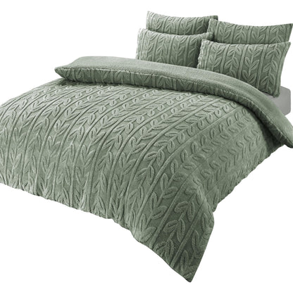 OLIVIA ROCCO Duvet Cover SINGLE / SAGE GREEN Leaf Printed Teddy Duvet Sets With Reversible Sherpa Fleece Fur Wholesale Manchester UK