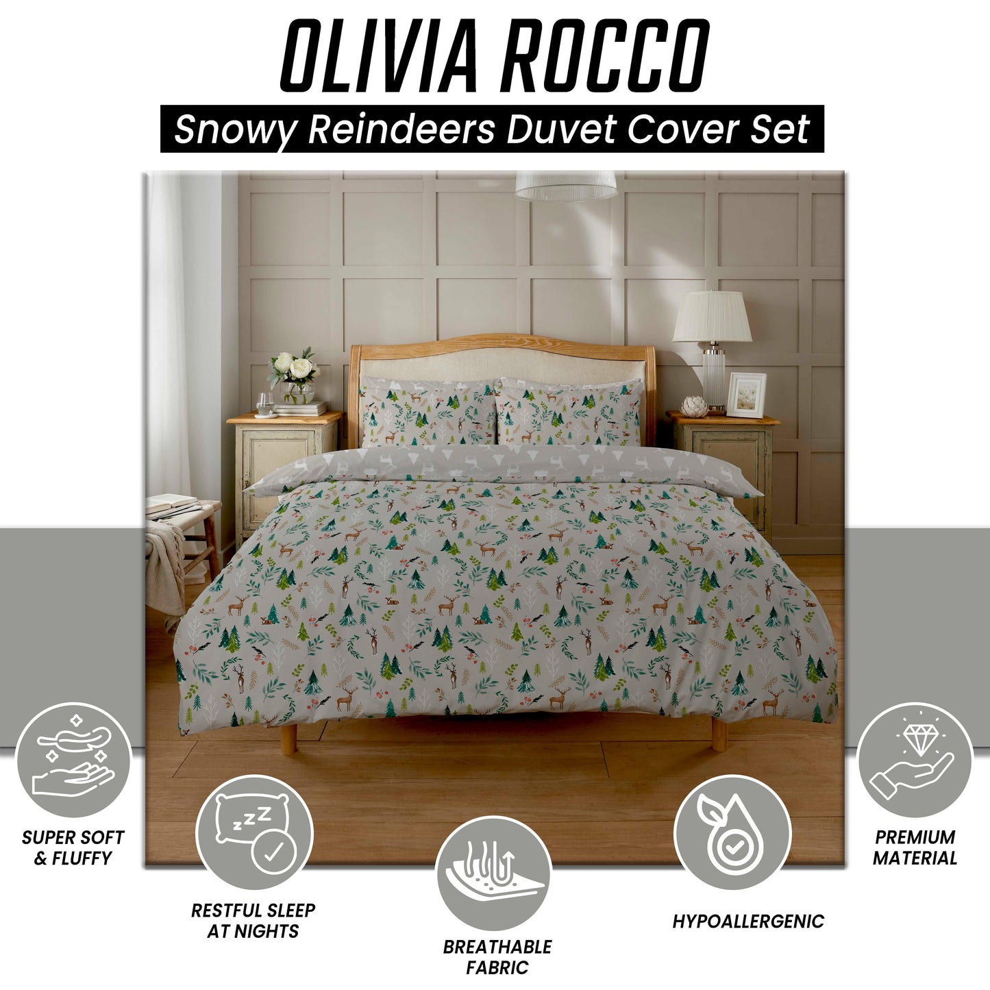 OLIVIA ROCCO Duvet Cover Snowy Reindeers Reversible Duvet Cover Set Wholesale Manchester UK