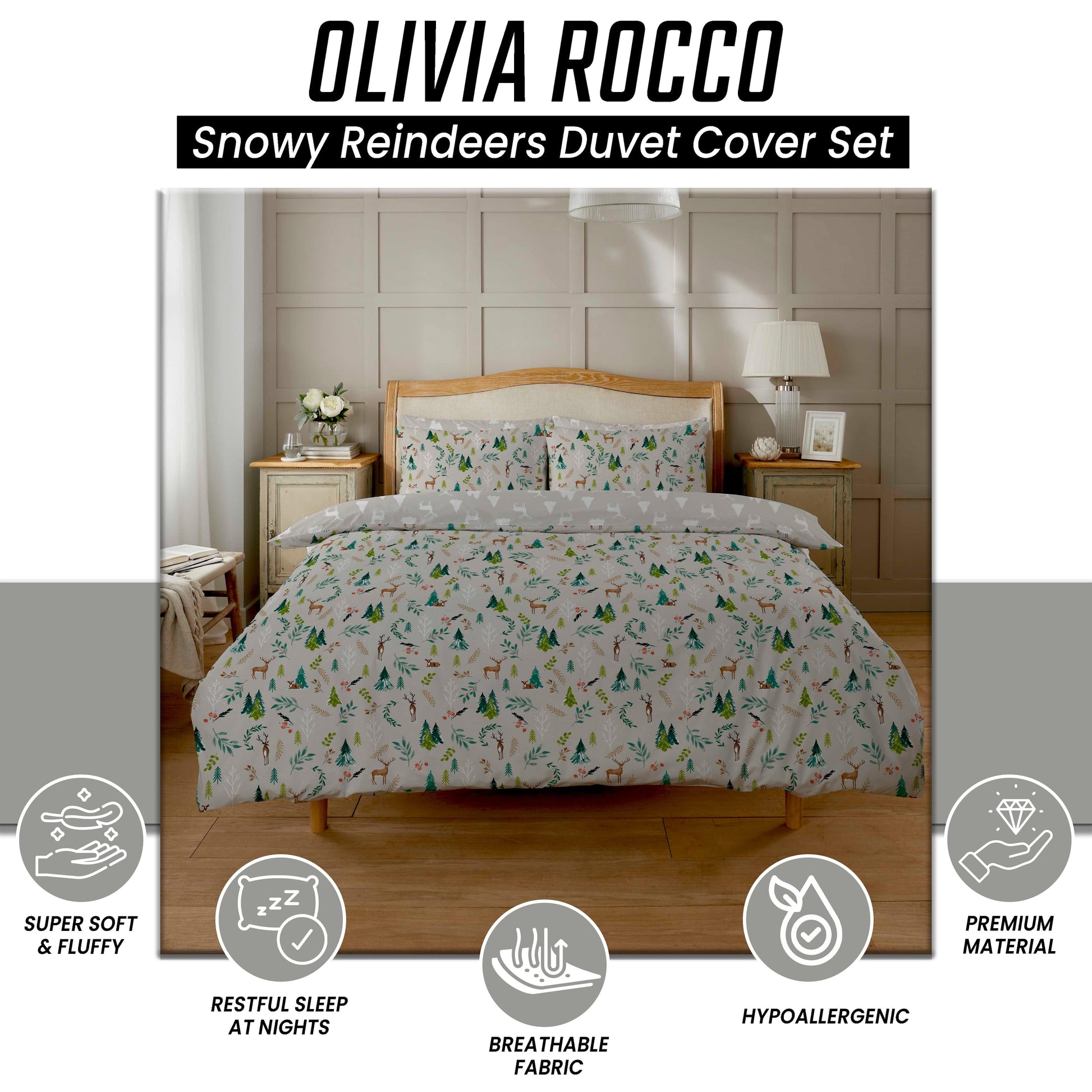 OLIVIA ROCCO Duvet Cover Snowy Reindeers Reversible Duvet Cover Set Wholesale Manchester UK